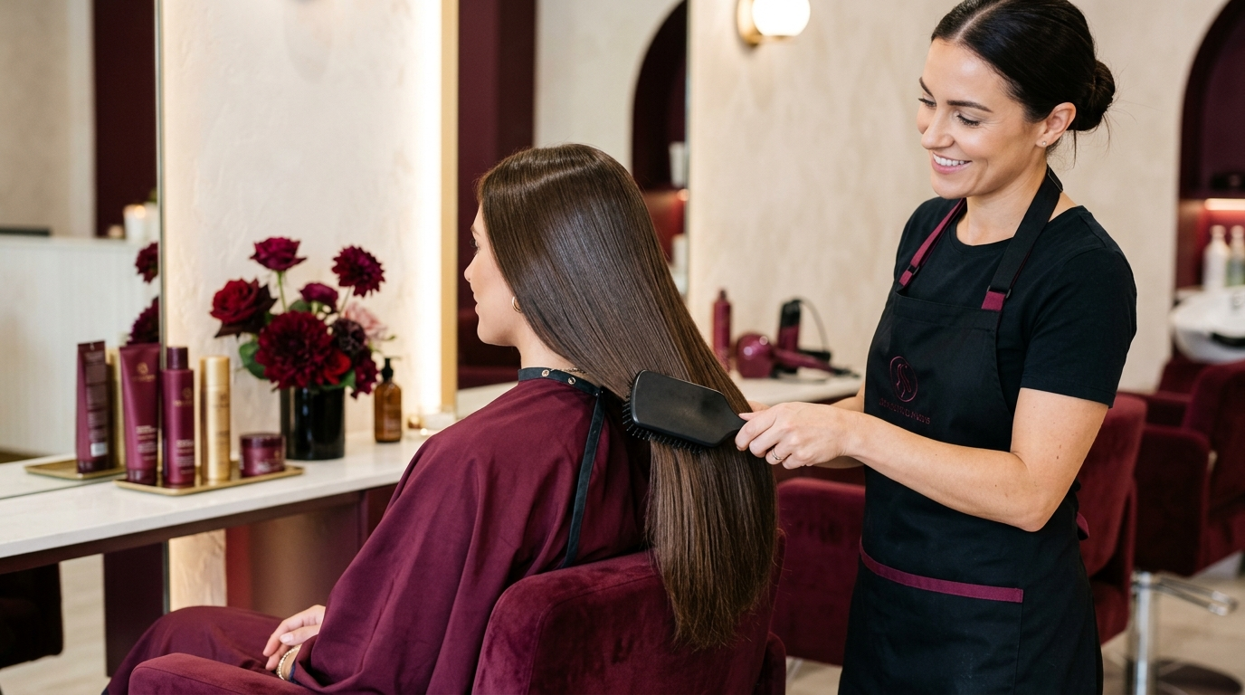 Hair brushed smooth after a keratin treatment at home in Dubai