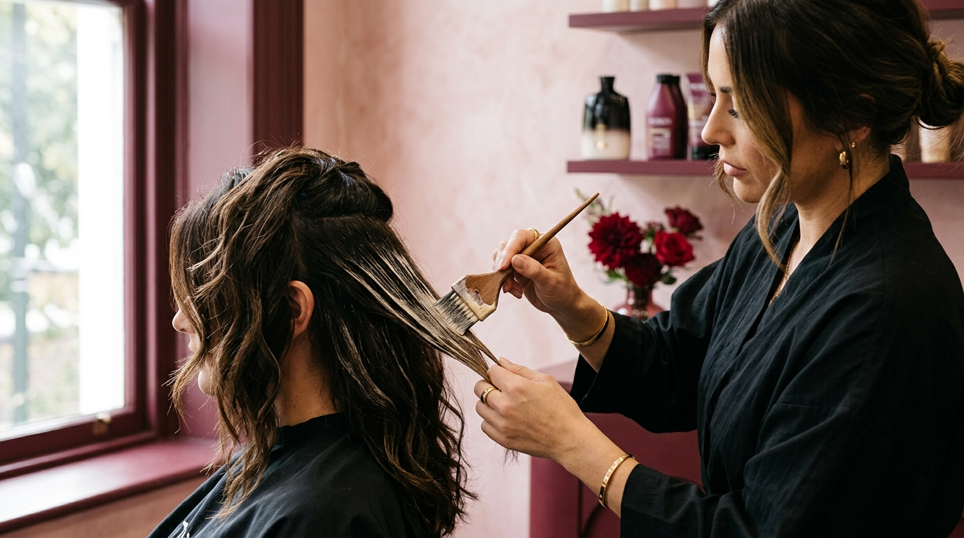Balayage hair colour application during a home hair service in Dubai