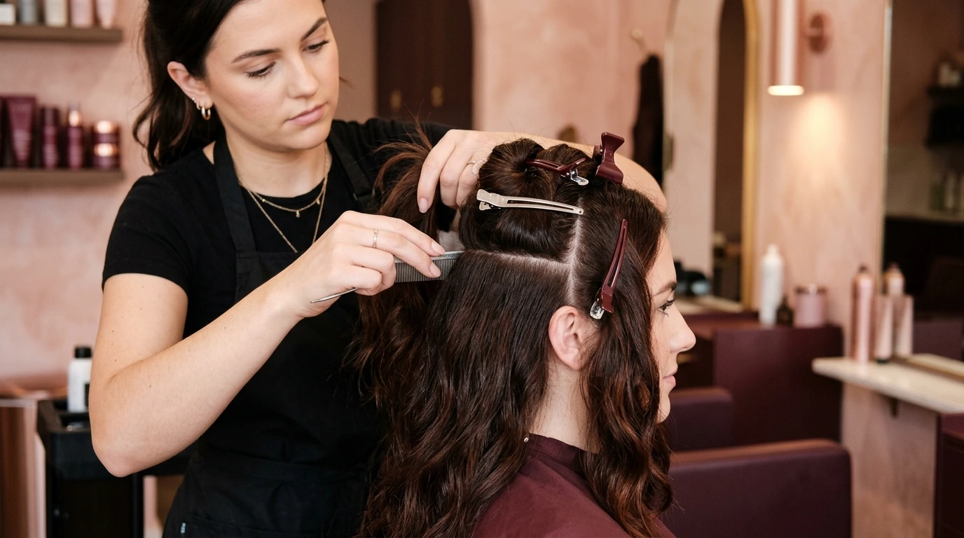 Hairstylist sectioning hair before a home haircut in Dubai