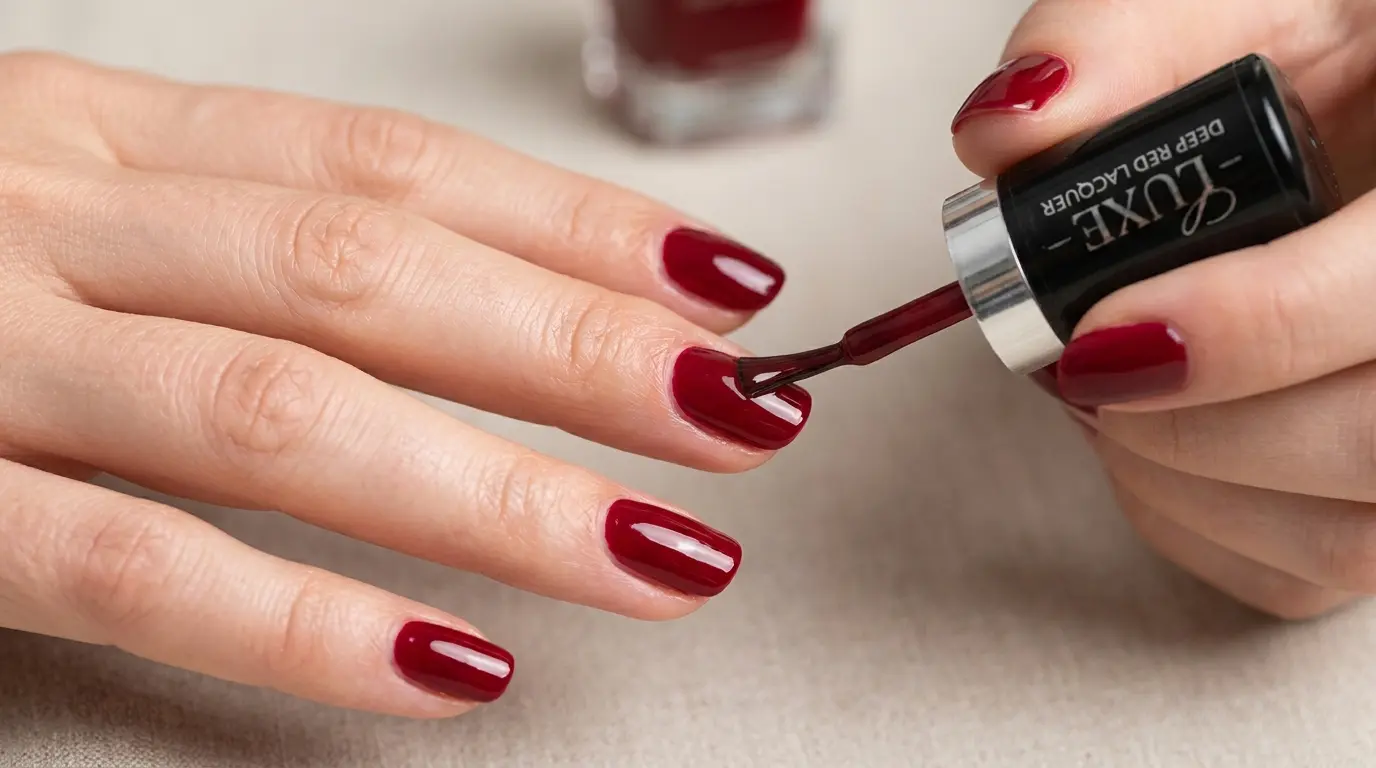 Applying nail polish during a home manicure in Dubai