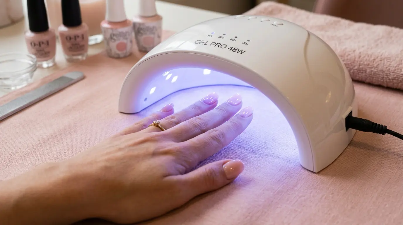 Gel polish curing under LED lamp at home in Dubai