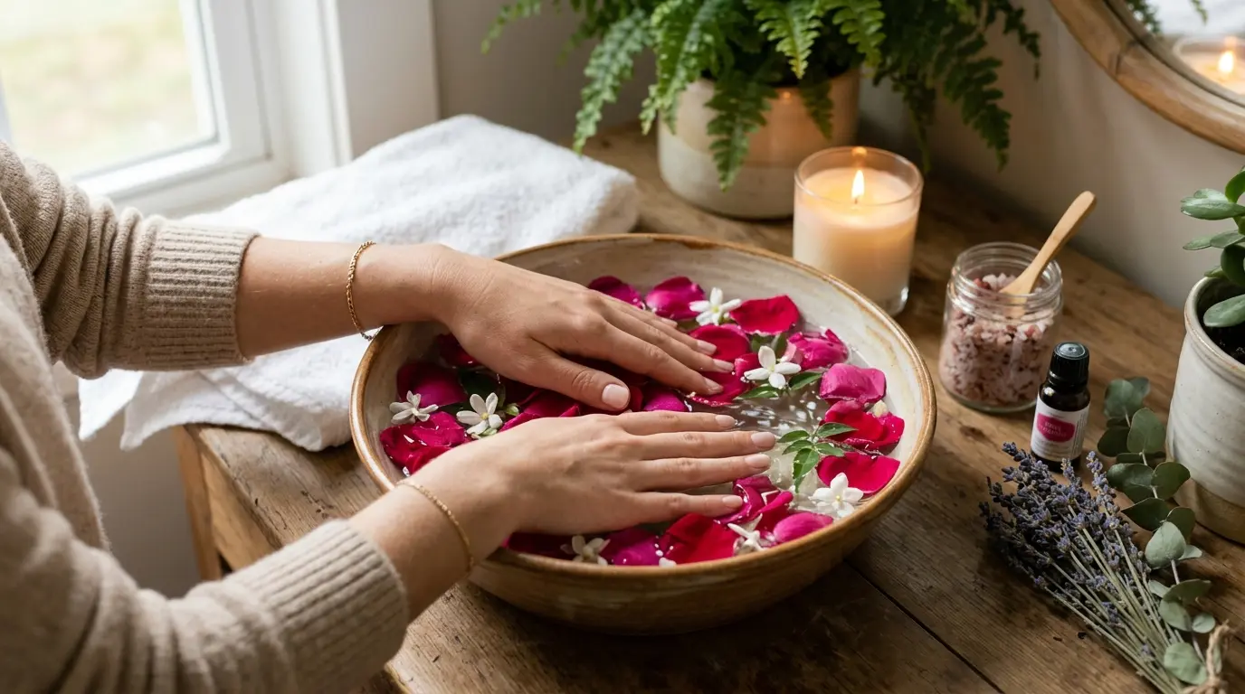 Hand spa treatment during a home manicure in Dubai