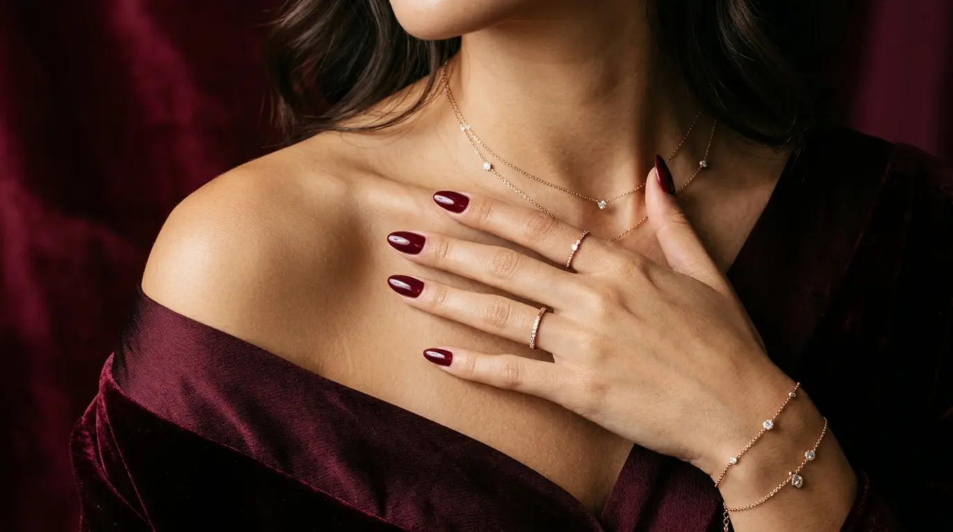 Close-up of manicured nails after a home nail service in Dubai