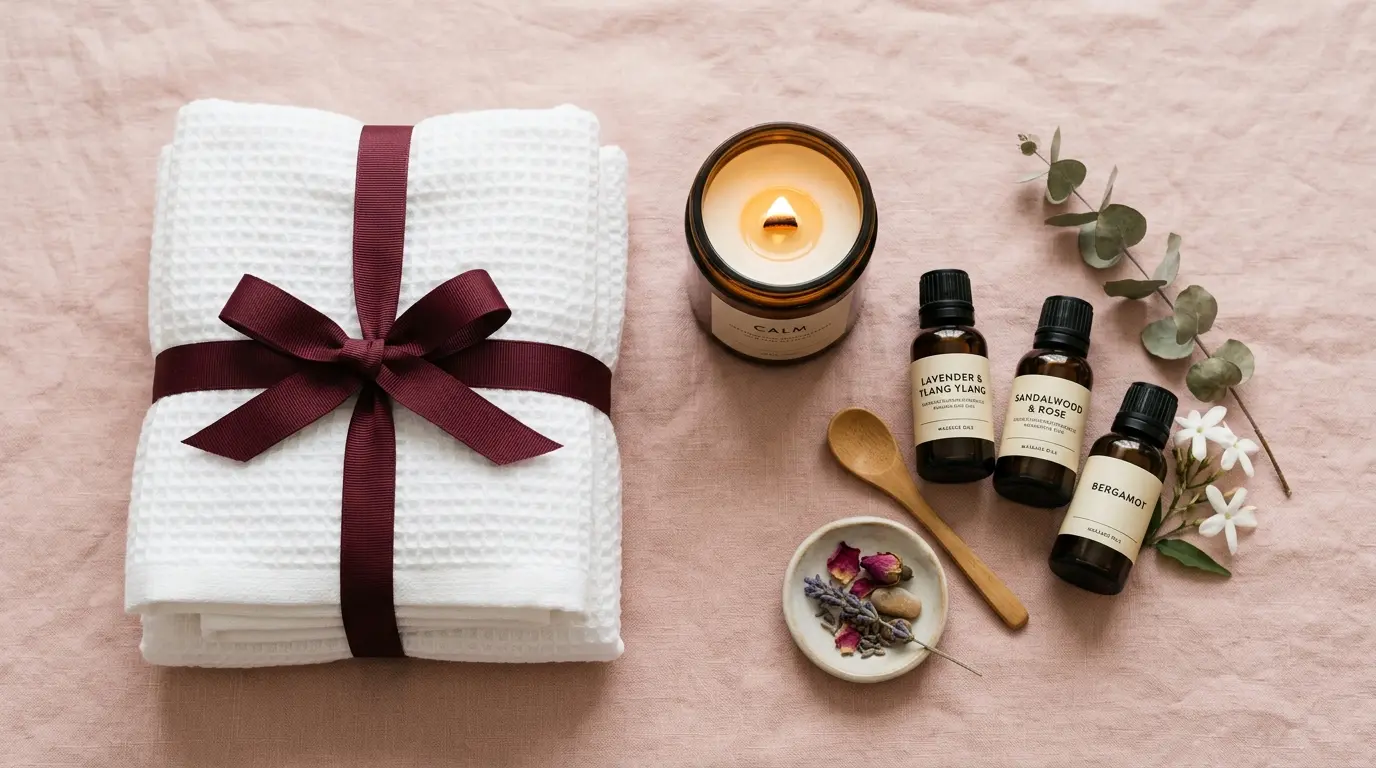Massage oils and fresh linens prepared for a home massage in Dubai