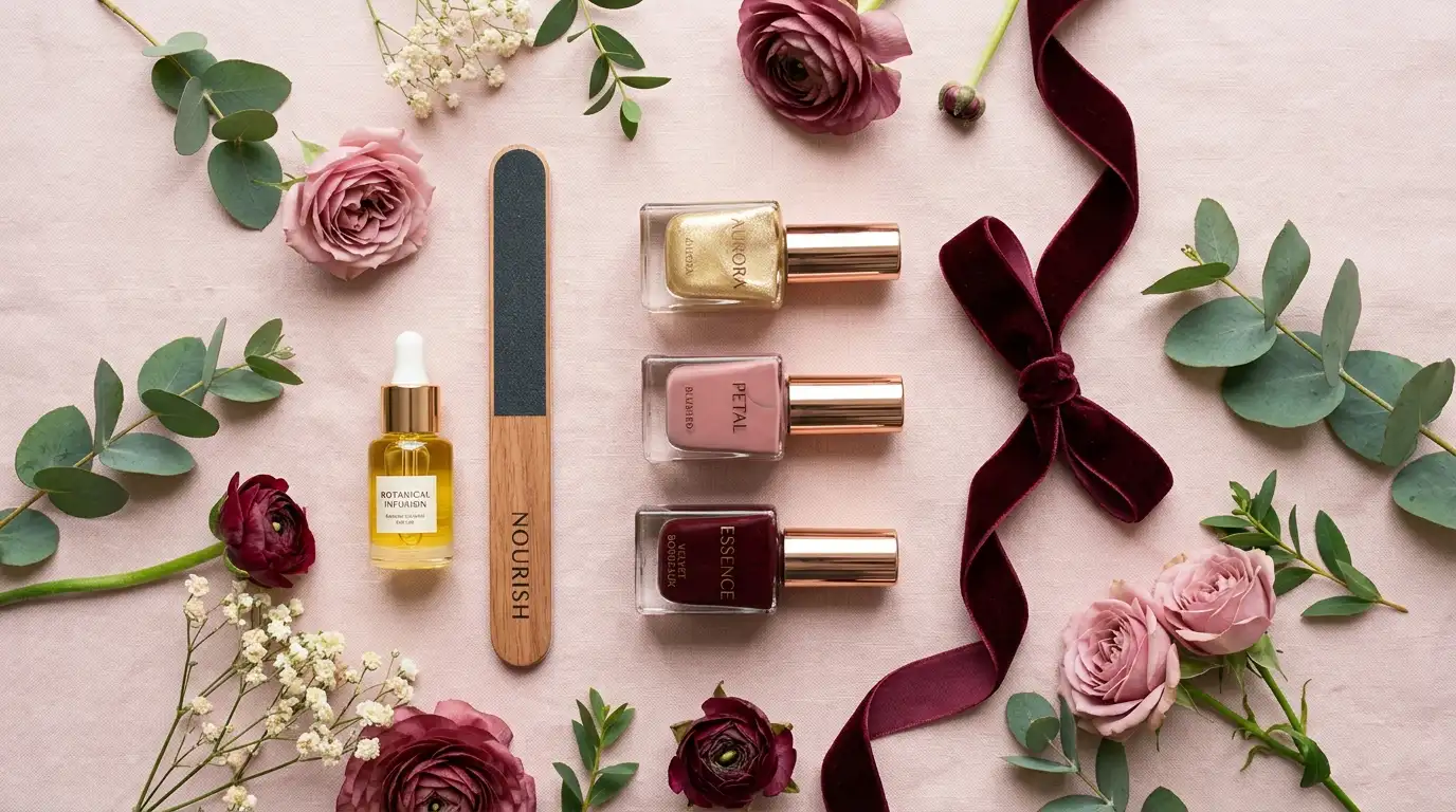 Nail polish and manicure tools arranged for a home nail service in Dubai