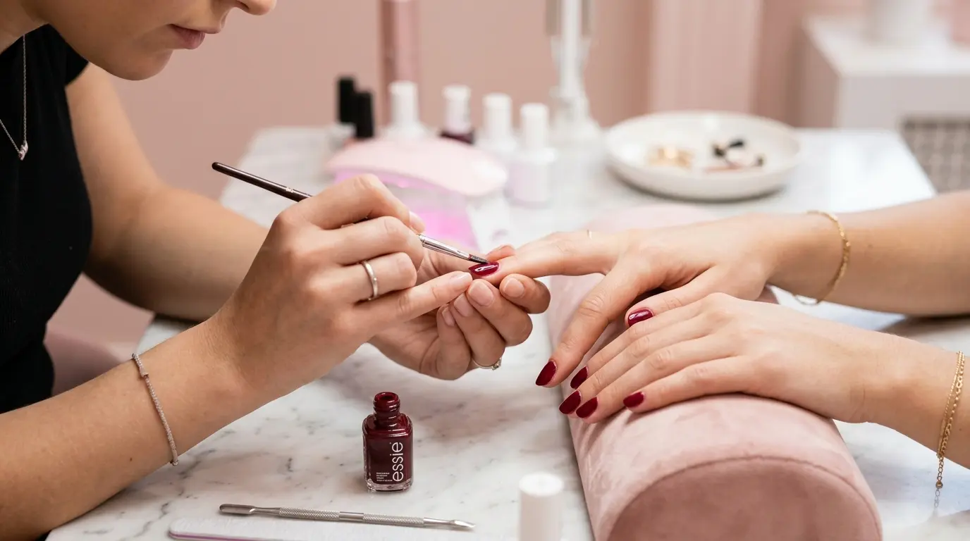 Nail technician applying gel polish during a home manicure in Dubai