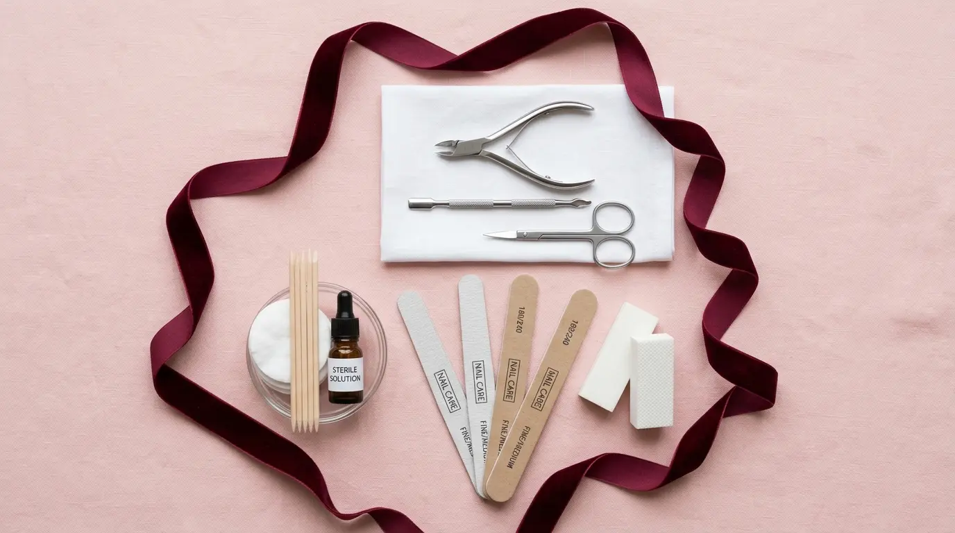 Sterilised nail tools and single-use files prepared for a home nail service in Dubai