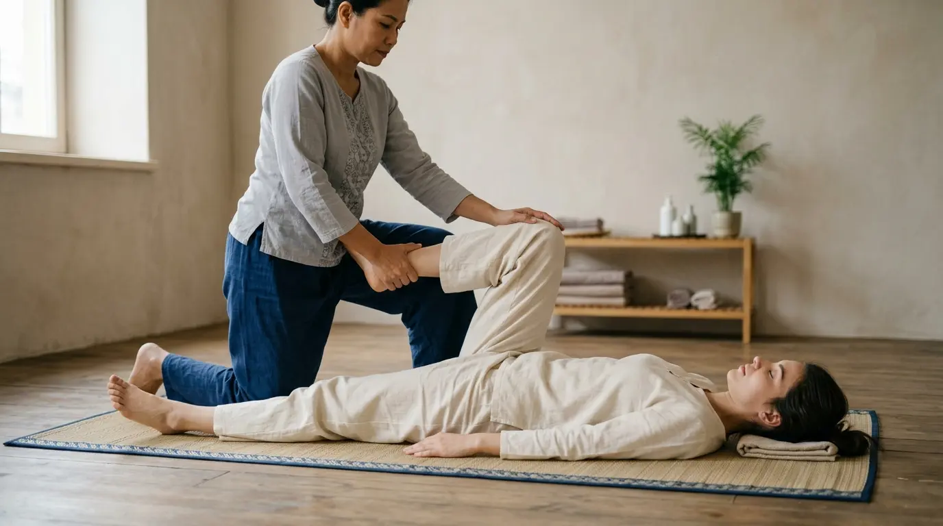 Thai massage on floor mat at home in Dubai