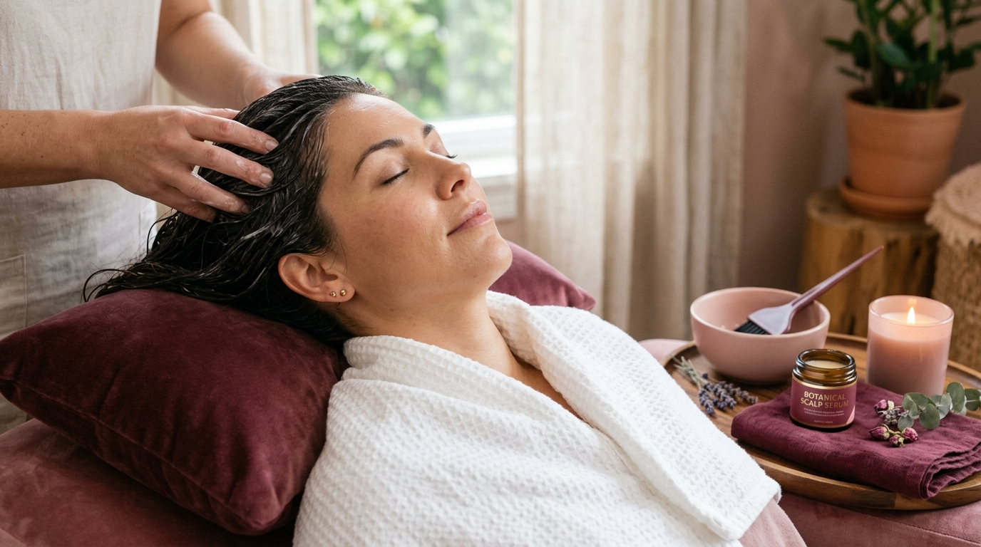 Woman receiving a relaxing hair and scalp treatment at home in Dubai